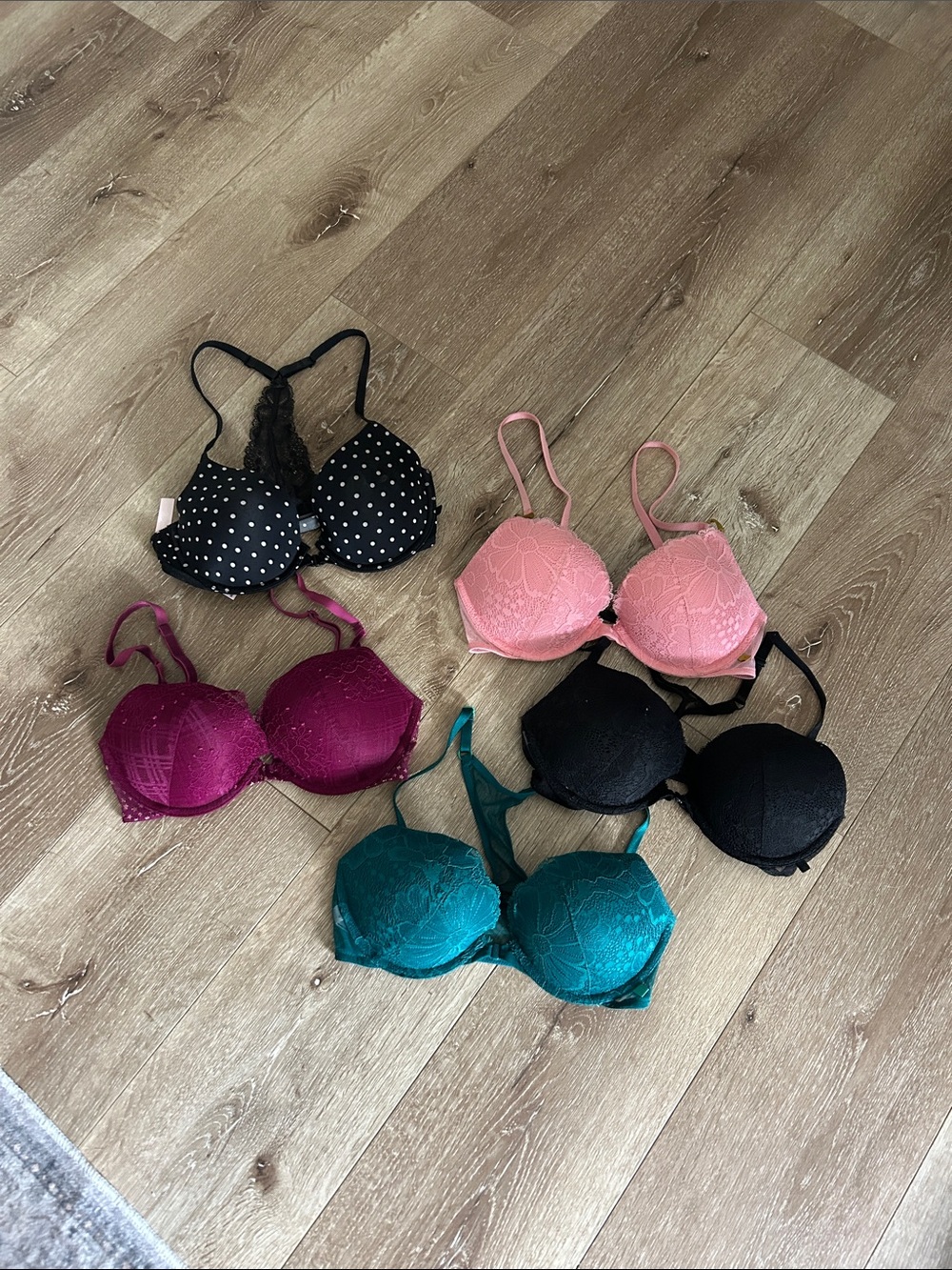 Victoria's Secret Lace & Polka Dot Push-Up Bra Set - Pink, Black, Teal, Magenta